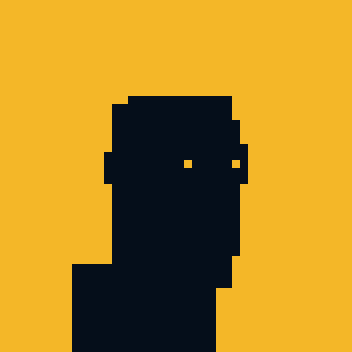 A minimalist pixel art portrait showing a black blocky figure with yellow pixel eyes against a solid yellow-orange background.