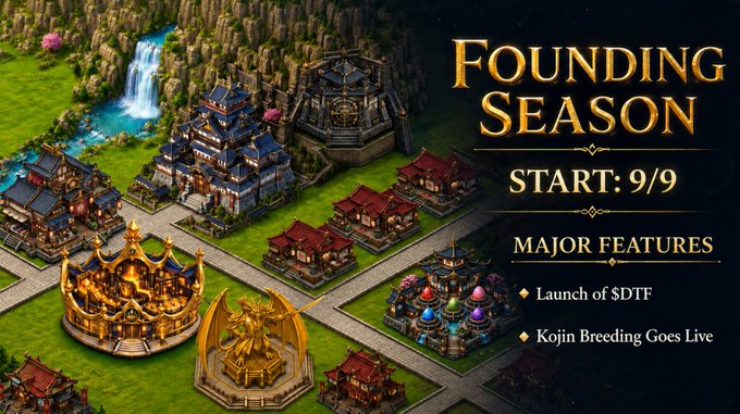 Promotional artwork for a 'Founding Season' event starting 9/9, featuring major features including 'Launch of $DTF' and 'Kojin Breeding Goes Live,' with a fantasy cityscape and waterfall.
