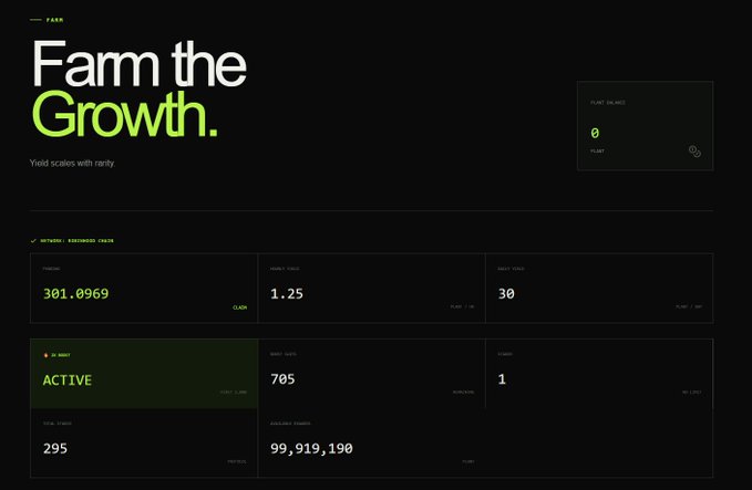 A dark-themed dashboard titled 'FARM - Farm the Growth' displaying network stats including Claim balance (301.0969), Claim Index (1.25), Daily Yield (30), ACTIVE status, and a Balance Earned of 99,919,190.