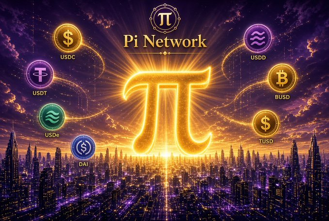 A glowing golden Pi symbol dominates the image with "Pi Network" branding above, surrounded by floating stablecoin icons including USDC, USDT, USDD, BUSD, USDe, TUSD, and DAI set against a vibrant futuristic cityscape at sunset. The image visually represents Pi Network's expansion into stablecoin partnerships, aligning with the post's announcement of collaboration with Open Standard (OUSD) to explore new stablecoin use cases across the Pi ecosystem.