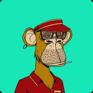 A digital illustration of a Bored Ape-style monkey wearing a red polo shirt, red cap, and sunglasses with a cigarette.