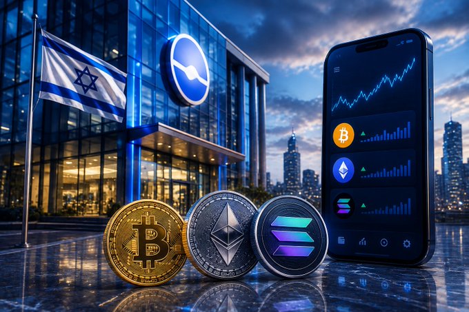 A promotional image featuring the Israeli flag and cryptocurrency coins (Bitcoin, Ethereum, Solana) alongside a smartphone displaying trading charts in front of a modern glass building.