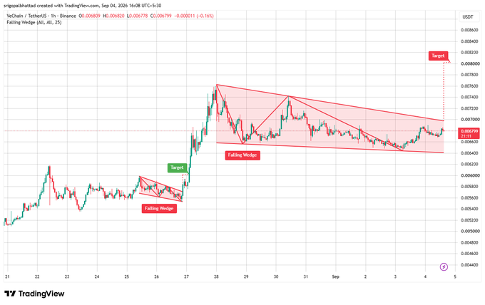 A TradingView chart for VeChain / TetherUS (1h timeframe) on Binance shows a 'Falling Wedge' technical pattern with green 'Target' indicators, suggesting potential upward price movement.
