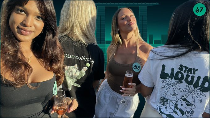 A stylized nightlife/social media collage featuring young women at an event, with numbered tags 3 and 7, wearing shirts that read "ourcollective" and "STAY LIQUID".