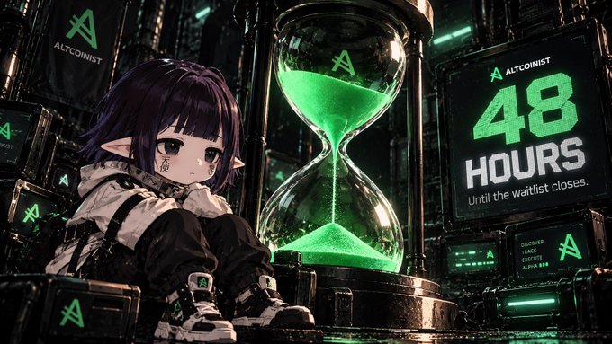 An anime-style character with dark hair and pointed ears next to a glowing green hourglass, with text reading 'ALTCOINIST 48 HOURS Until the waitlist closes.'