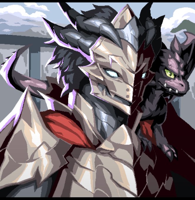 A pixel art character wearing ornate silver and grey knight armor with glowing blue eyes, accompanied by a small black dragon-like creature on their shoulder.