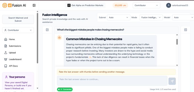 A screenshot of the Fusion AI platform showing a 'Fusion Intelligence' interface with a chat response titled 'Common Mistakes in Chasing Memecoins' discussing pitfalls of meme coin investments, with user 'seiforbusiness03' visible in the top right.