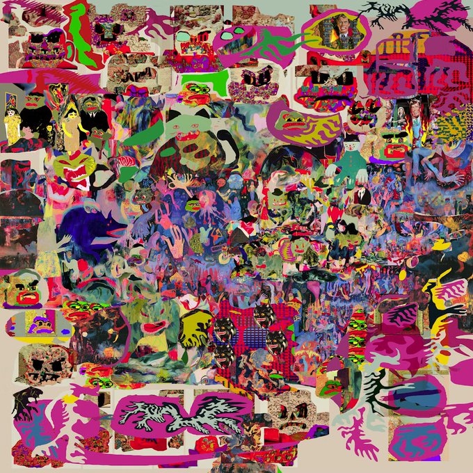 A chaotic, colorful abstract collage artwork filled with various distorted faces, figures, and psychedelic patterns in bright pinks, greens, yellows, and blues.
