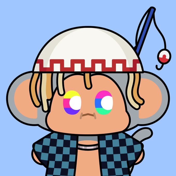 A cartoon illustration of a monkey character wearing a white and red beanie with a fishing rod and a checkered shirt, set against a light blue background.