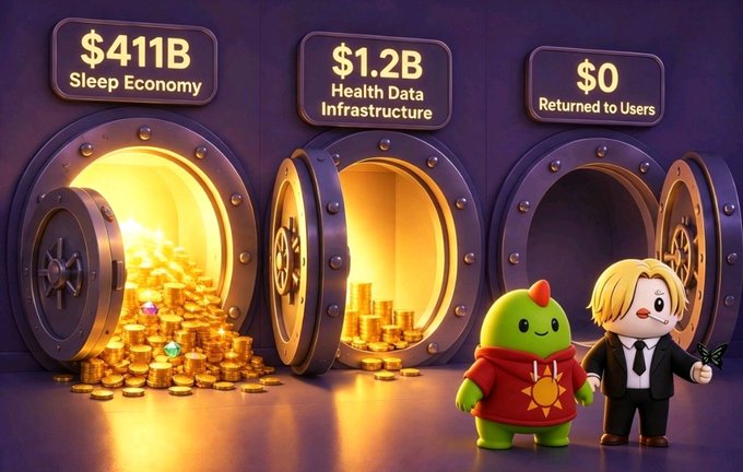 An illustration depicts three vault doors labeled '$411B Sleep Economy', '$1.2B Health Data Infrastructure', and '$0 Returned to Users', with the first two open and overflowing with gold coins while two cartoon characters stand to the right.