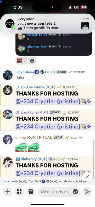 A screenshot of a Discord chat log showing users like Jalebi The Intern, OfficerPayne, and Bluberrry thanking "@+234 Cryptier {pristine}" for hosting a session on the Ritual discord server.