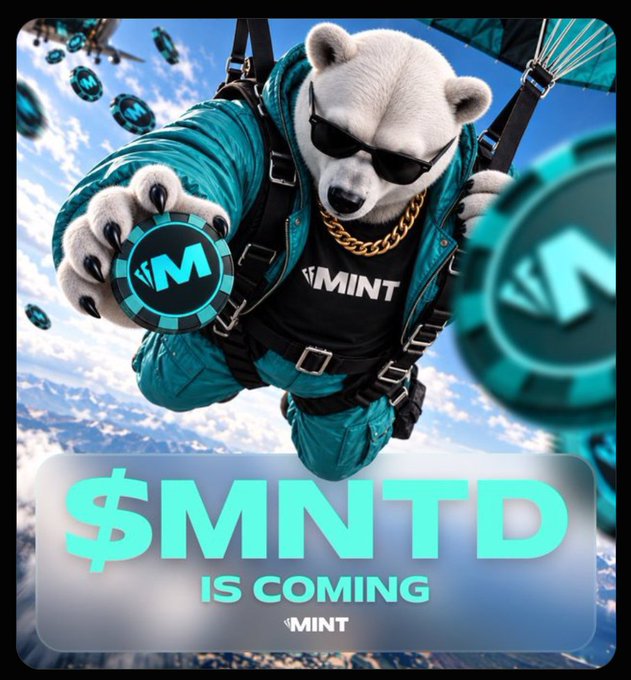 A promotional graphic featuring a polar bear in sunglasses and a MINT-branded jacket skydiving while holding an 'M' coin, advertising '$MNTD IS COMING' with the MINT logo.