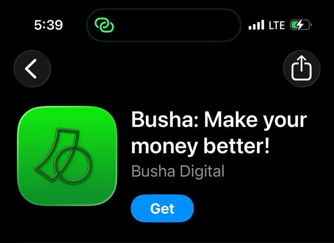 The image shows an App Store listing for "Busha: Make your money better!" by Busha Digital, featuring a green app icon with a "Get" download button. The post invites users to experience the Busha crypto exchange platform, aligning with the app listing that promotes downloading their financial services app.