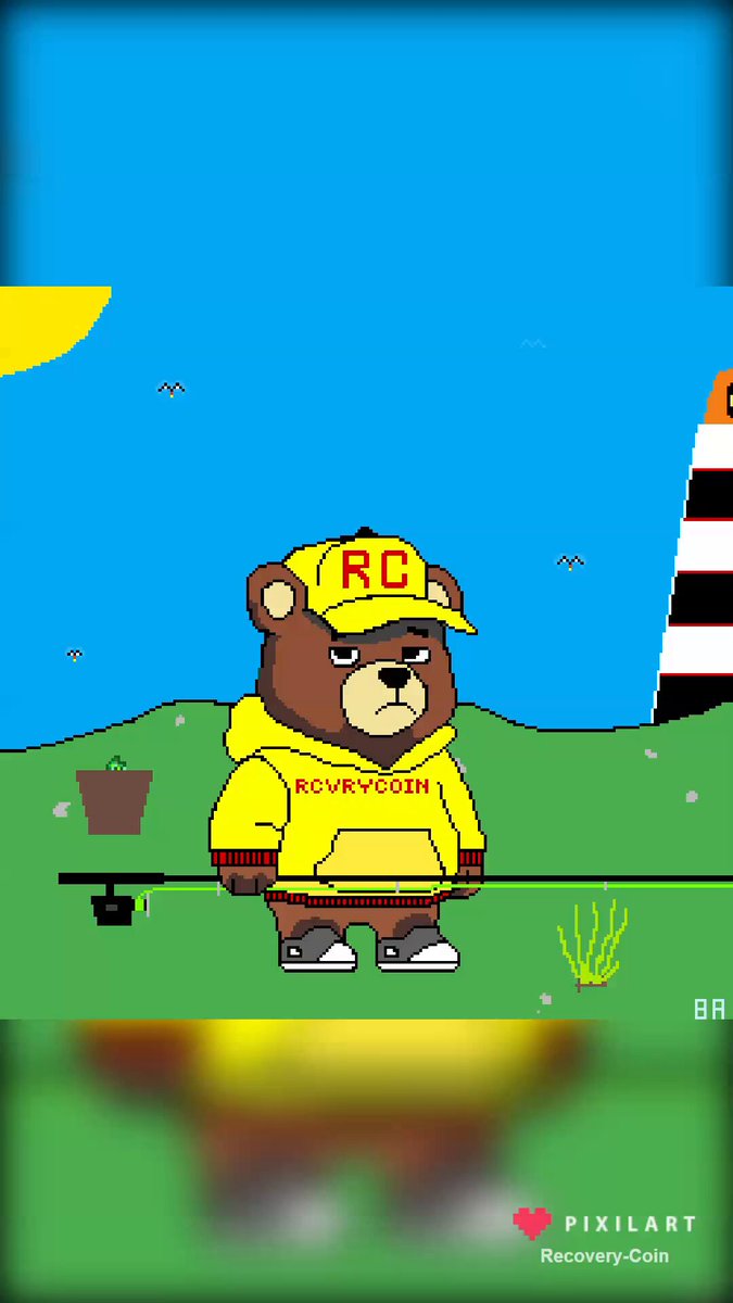The image features a cartoon bear wearing a yellow jacket, standing on grass with its arms crossed over its chest. The bear has a hat on that says "RCVRY xRY8aYXgvnm3V7wE21e1KEBj2n5LBWgppWNpnZhpump". In the background, there is a lighthouse and a boat visible in the distance.