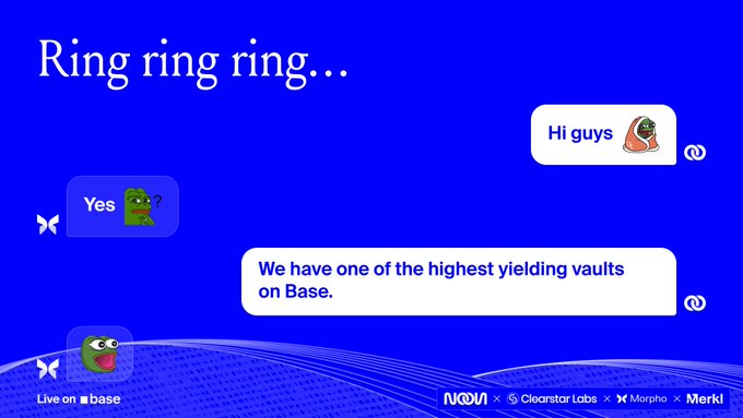 A blue promotional graphic for a Live on Base event showing a chat conversation where a user says 'Hi guys' and is pitched with 'We have one of the highest yielding vaults on Base.'
