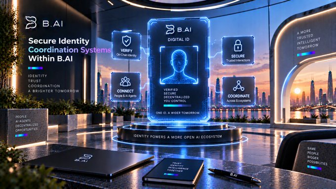 A futuristic digital promotional display for "B.AI" showcases "Secure Identity Coordination Systems" with features like "VERIFY," "CONNECT," "SECURE," and "COORDINATE," centered around a digital ID hologram.