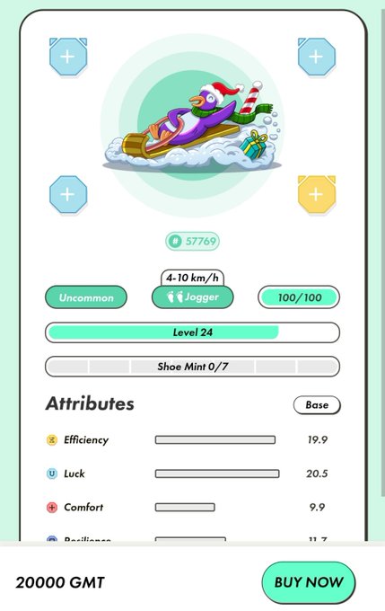 A mobile app interface showing an NFT sneaker called 'Jogger' at Level 24 with attributes like Efficiency 19.9, Luck 20.5, and Comfort 9.9, priced at 20000 GMT.