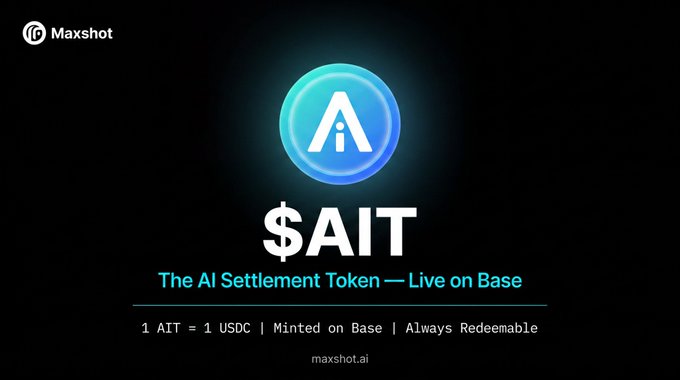 The image shows a logo for an AI settlement token called $AIT, which is now live on base. The text below the logo explains that the token is now officially live and provides details about its features and benefits.