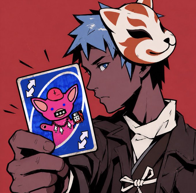 An anime-style illustration of a blue-haired character wearing a fox mask, holding a blue reverse card that features a pink cartoon creature with censored eyes.