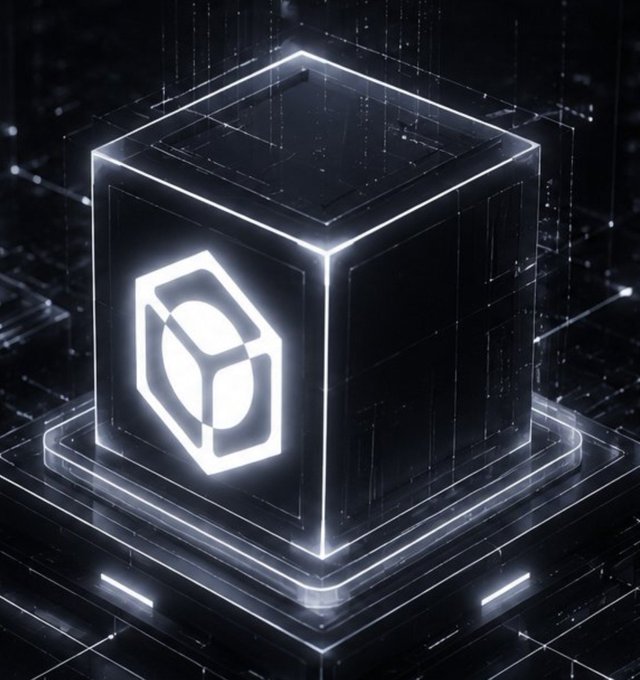 A dark, futuristic digital illustration of a glowing cube featuring a cube-like logo on its side, set against a background of digital data streams.
