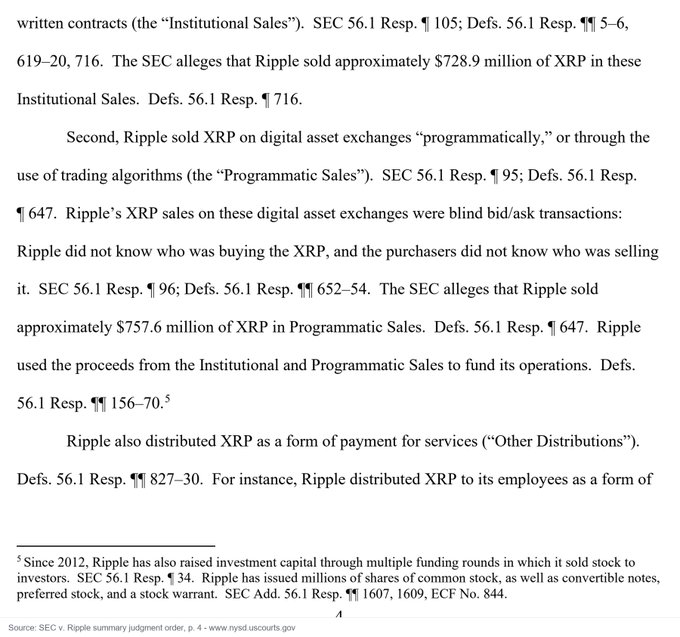 This page from the *SEC v. Ripple* summary judgment outlines how the court categorized three types of XRP distributions: Institutional Sales (~$728M), Programmatic Sales (~$571M), and Other Distributions (employee payments). It directly supports the post's point by showing the legal framework used to distinguish programmatic XRP sales from institutional ones—a distinction that now shapes how the SEC evaluates token sales more broadly.