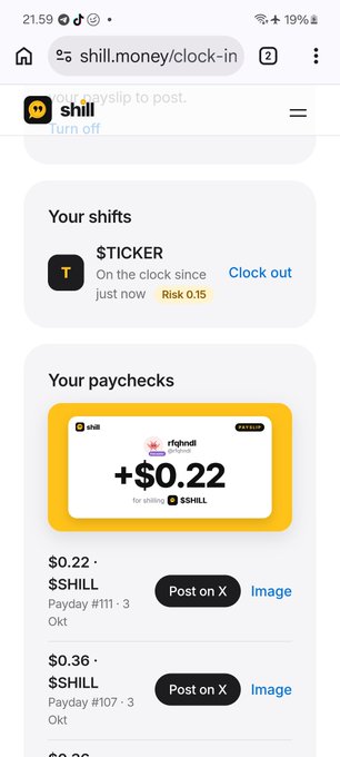 Mobile screenshot of the shill.money/clock-in page showing a clocked-in shift for STICKER with $0.22 in $SHILL paychecks.