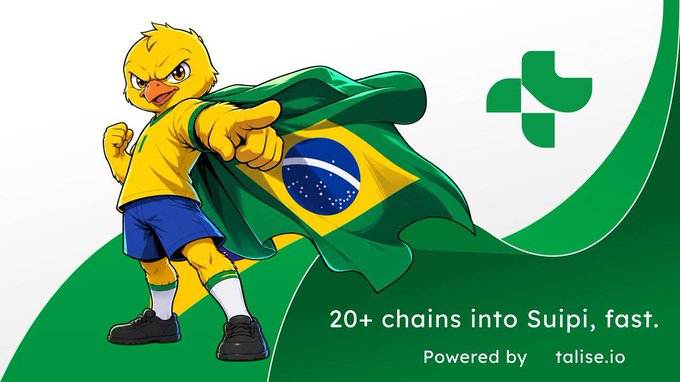 A mascot character in a yellow soccer jersey and blue shorts holding a Brazilian flag, with a green plus logo and the text '20+ chains into Suipi, fast. Powered by talise.io'.