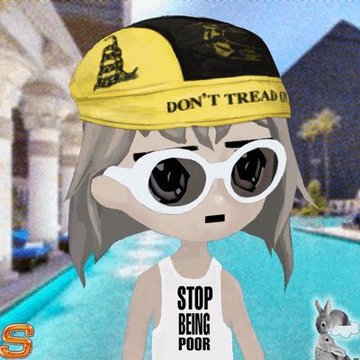 A cartoon girl wearing oversized sunglasses stands by a pool in a yellow-and-black cap reading “DON’T TREAD ON,” while her shirt says “STOP BEING POOR”; a small orange “S” and a tiny animal graphic appear near the corners. It pairs with the post’s speculative $PUMP token-launch narrative, using the “Don’t tread on” warning and wealth joke to contrast the promised $1.3 billion ICO with the coin later falling below its ICO price.