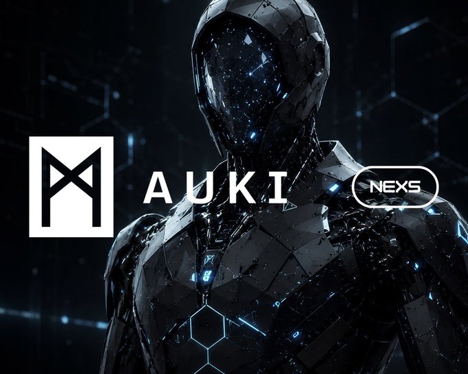 A futuristic robotic figure with a constellation-patterned face stands against a dark, hexagonal-patterned background, accompanied by the "AUKI" logo and "NEX5" badge, visually reinforcing the post's announcement of Auki's major expansion into Asia with 800+ enhanced BracketBot robot deployments.