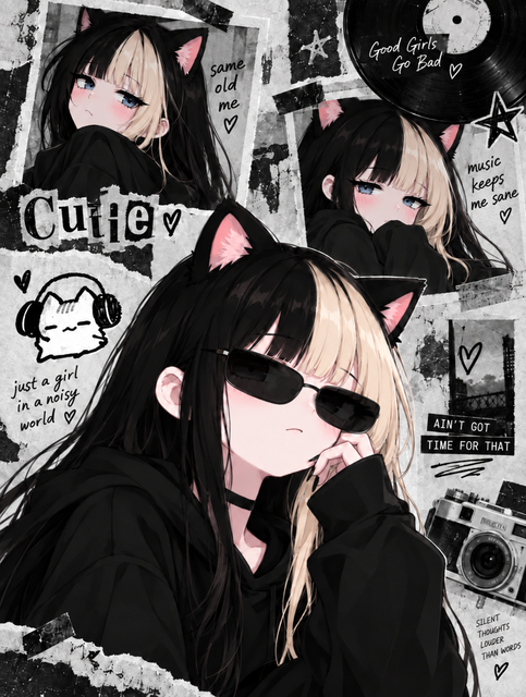 An anime-style grunge collage featuring a black-and-blonde cat-eared girl in sunglasses, with text including 'Cutie', 'same old me', 'music keeps me sane', 'just a girl in a noisy world', and 'AIN'T GOT TIME FOR THAT'.
