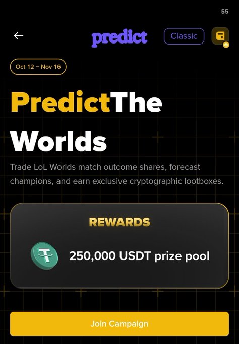 The image promotes a "PredictTheWorlds" event running October 12 – November 16, featuring a 250,000 USDT prize pool, with users able to join the campaign by tapping the "Join Campaign" button, aligning with the post's message about Binance's Web3 prediction event for LoL Worlds.