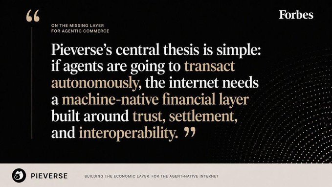The image features a black background with white text that reads "On the missing layer for agent-native commerce. If agents are going to transfer automatically, the Internet needs a machine-native financial layer built around trust, settlement, and interchangeability." The image also includes a quote from Forbes about the importance of AI in agent-native commerce.