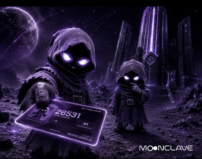 A stylized promotional image for Moonclave features two hooded figures with glowing purple eyes in a sci-fi setting, with one holding a holographic credit card displaying '26531 TOTAL POINTS' and 'MOONCLAVE ID: WAXING GIBBOUS.'