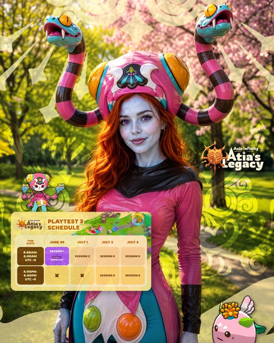 A promotional poster for 'Axie Infinity: Atia's Legacy' shows a red-haired woman in a pink and teal costume with snake-like horn accessories, alongside a Playtest 3 Schedule covering June 30 to July 3 with multiple sessions.