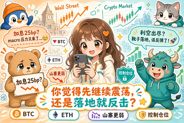 A cartoon girl with cute bear and bull mascots debates whether BTC/ETH will continue choppy trading or bounce after a potential Fed rate hike, with the bear pessimistically highlighting "加息25bp?" (rate hike 25bp?) and "山寨更弱" (altcoins weaker), echoing the post's view that markets will likely remain volatile and weak before the Fed's policy decision.