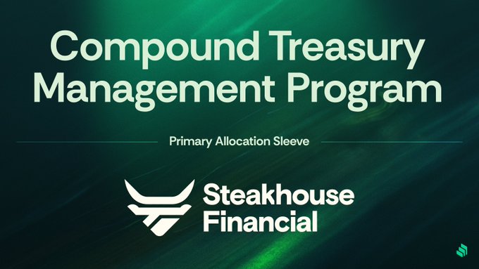 A dark green promotional graphic with text reading 'Compound Treasury Management Program', 'Primary Allocation Sleeve', and the 'Steakhouse Financial' logo.