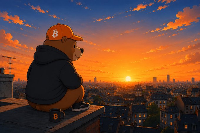 An illustrated bear wearing an orange Bitcoin cap and black hoodie sits on a rooftop watching a sunset over a city skyline, with a Bitcoin-branded mug beside it.