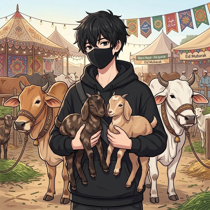 The image features a man holding two baby goats while wearing a face mask, surrounded by other animals such as cows and sheep at an outdoor market or fair. The scene includes various tents and flags, suggesting that this event might be related to a cultural celebration like Eid-ul-Adha. The post also mentions the importance of staying humble during the festive season and emphasizes the significance of the Muslim community's sacrifices in building a bull market.