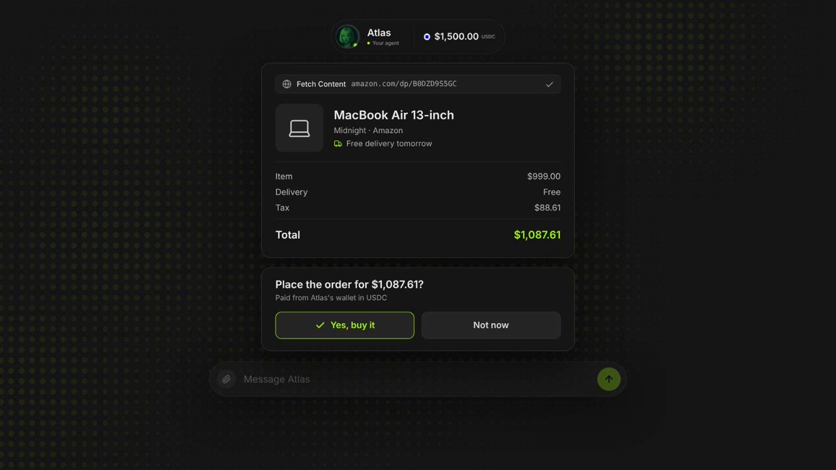 A chat interface shows an AI agent named "Atlas" with a $1,500.00 USDC balance, presenting a purchase confirmation for a $1,087.61 MacBook Air 13-inch from Amazon with "Yes, buy it" and "Not now" options.