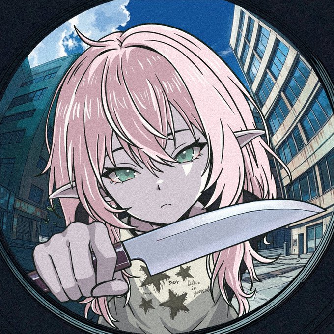 An anime-style circular illustration framed like a mirror shows a pink-haired character with green eyes and pointed ears holding a large knife in an urban setting.