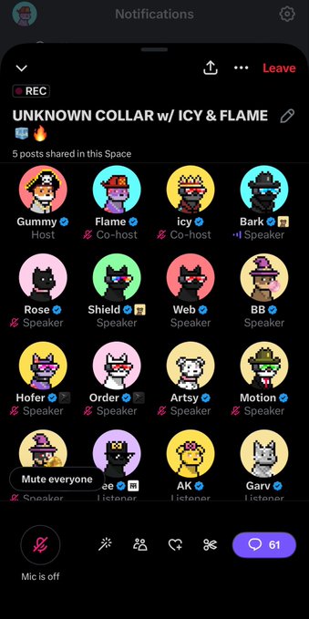 A screenshot of a Twitter Space titled 'UNKNOWN COLLAR w/ ICY & FLAME' showing a grid of participants with pixel art profile pictures, including hosts 'Gummy' and 'Flame' and various speakers.