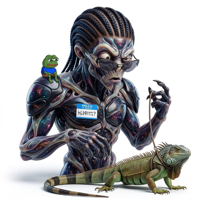 A muscular, galaxy-skinned humanoid character wearing a "Hello My Name Is HLPRMT$?" name tag holds a leash attached to an iguana, while a grumpy Pepe the Frog sits on its shoulder—capturing the absurd, meme-collage aesthetic of internet "brainrot" culture.