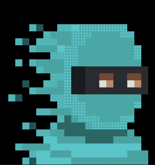 A pixel art image of a teal-colored blocky ghost-like creature with a black rectangular face containing two pixelated eyes in brown, white, and tan colors against a black background.