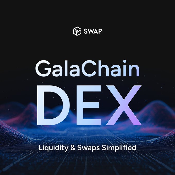 The image is a promotional graphic featuring the text "GalaChain DEX — Liquidity & Swaps Simplified" against a dark background with blue and purple digital wave imagery, along with the SWAP logo at the top. It visually reinforces the post's announcement of GalaSwap's expanded support for numerous new tokens like Dogecoin, Pepe, Shiba, BONK, WIF, PENGU, ApeCoin, Render, Avalanche, NEAR, Bittensor, Fartcoin, and SPX6900.