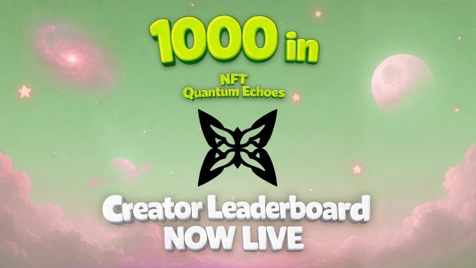 The image features a poster for an event called "1000 INFT Quantum Echoes" with a green background and pink stars. The title of the event is displayed at the top of the poster, along with the phrase "Creator Leaderboard Now Live". Below this, there's a black butterfly symbol, which could be interpreted as a representation of the creator or leaderboard. The text on the poster reads "1000 INFT Quantum Echoes" and "Creator Leaderboard Now Live", indicating that it is an event related to NFTs and creator leadership boards.