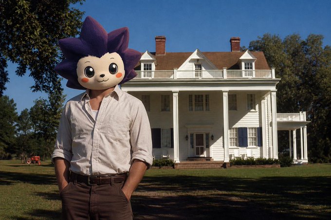 A person wearing a purple "Chog NFT" mascot head stands in front of a stately white plantation-style mansion with columns and brick chimneys, visually representing the "Chog Book" entry from the creator's NFT movie parodies. The image is part of a series reimagining popular films with the Chog character, with the next installment teased as "500 Days of Chog."