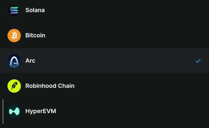 A dark menu interface listing cryptocurrency options including Solana, Bitcoin, Arc (selected with a checkmark), Robinhood Chain, and HyperEVM.