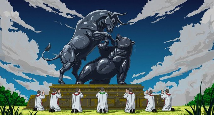 A large black statue of a bull and bear locked in combat stands on a pedestal as robed figures kneel in worship beneath a dramatic cloudy sky.