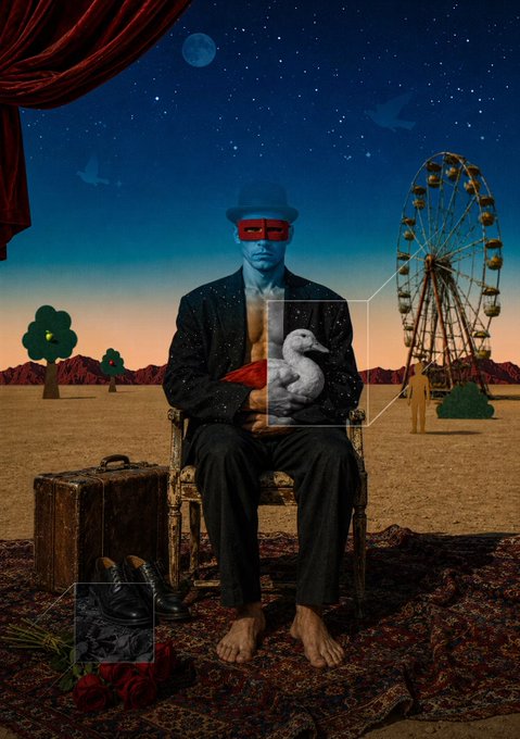 A surreal digital art piece depicts a blue-skinned man wearing a fedora and mask, seated in a chair on a patterned rug in a desert landscape, holding a small white duck inside a glass case, with a ferris wheel, trees, and moonlit sky in the background.