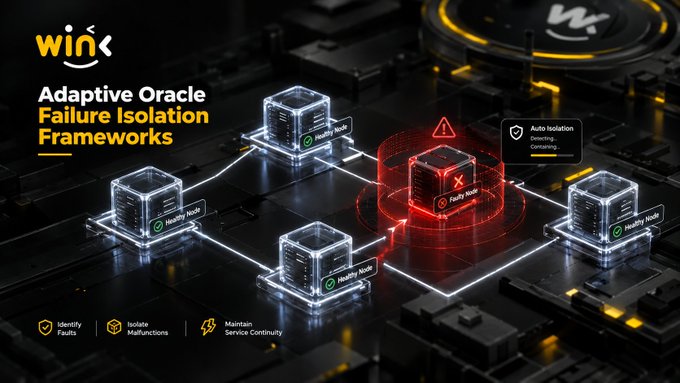 A promotional graphic titled 'Adaptive Oracle Failure Isolation Frameworks' shows a network of server nodes, with a central red 'Faulty Node' highlighted for auto isolation while surrounding 'Healthy Node' servers remain connected, with text noting 'Identify Faults,' 'Isolate Malfunctions,' and 'Maintain Service Continuity.'